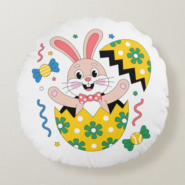 Glad Påskfest Kanin som poppar ut ur ägg  Rund Kudde (Framsidan)