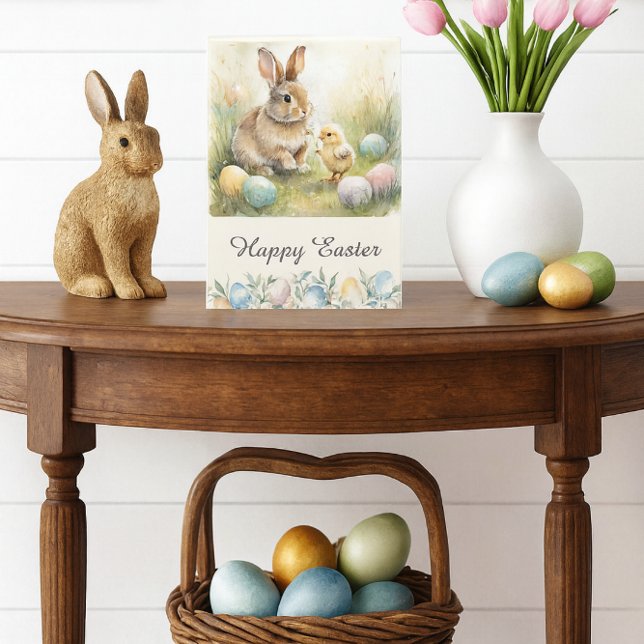 Glad Påskharen & Chick Vikad Högtidskort Helgkort (Easter card with bunny and chick, pastel eggs, tulips, and spring art in foyer mockup.)