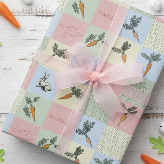 Glad Påskharen & Morot Fyrkantigt Mönster Presentpapper (Adorable Pink Happy Easter Wrapping Paper for Her. Cute Easter Bunny & Carrots Illustration for Kids)
