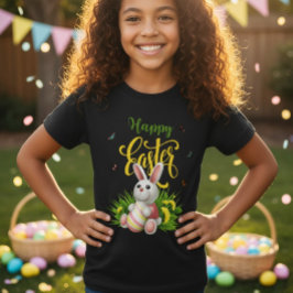 Glad Påskharen Solrosor Flickor Svart T-Shirt