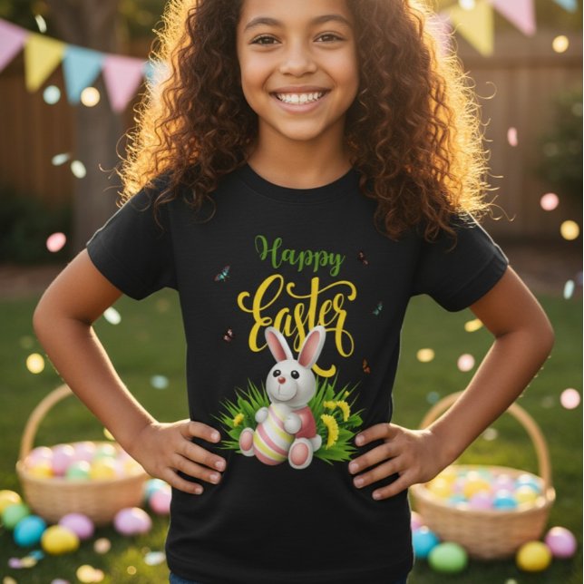 Glad Påskharen Solrosor Flickor Svart T-Shirt (Skapare uppladdad)