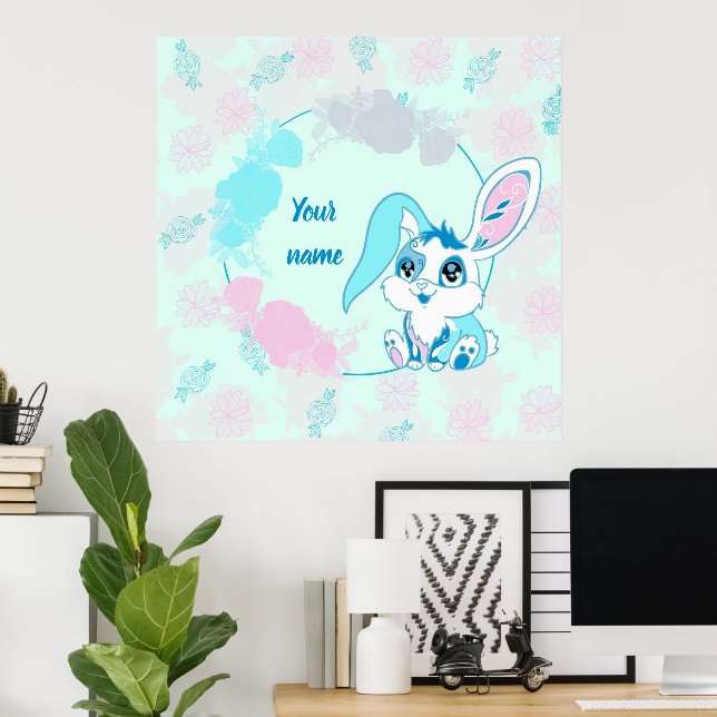 Glad Påskharen Söt Blå Kawaii Poster (Hemmakontoret)