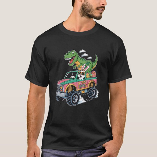 Glad Påskharen Stor Lastbil Dinosaurie Kul T Shirt (Framsida)