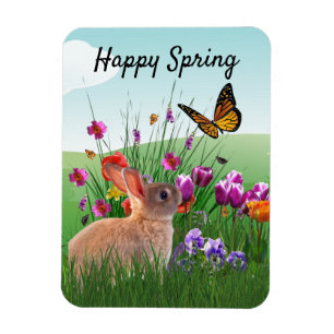 Glad påskkanin i blomsterträdgård magnet