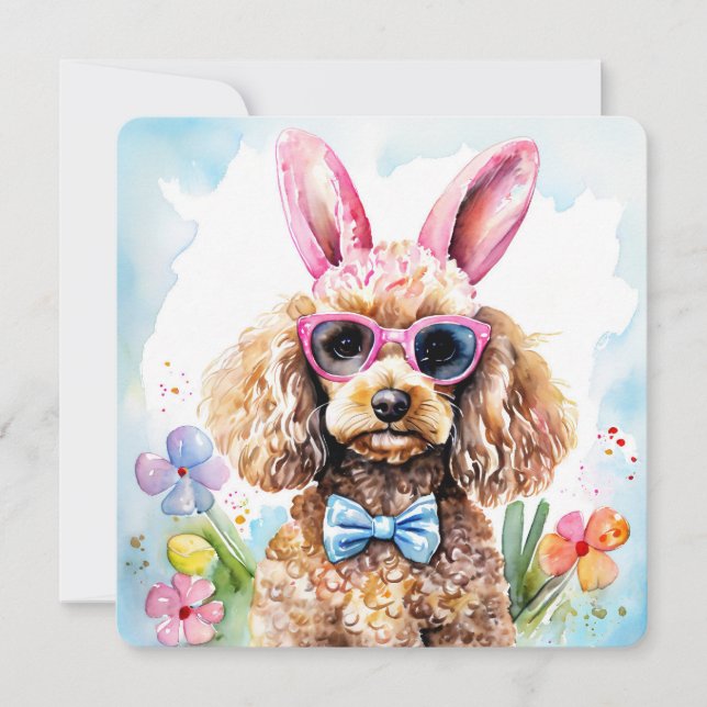 Glad Påskkort Söt Bunny Pudel Vattenfärg Hund Kort (Framsida)