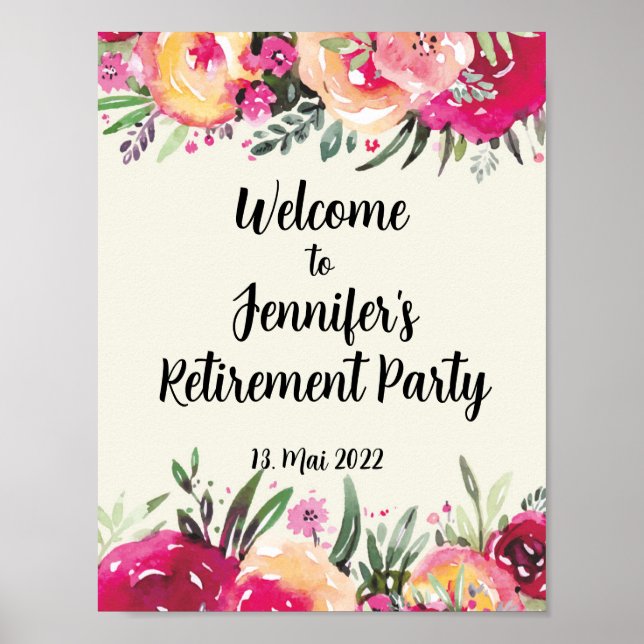 Glad pensionsfest Blommig välkomstskylt Poster (Framsidan)