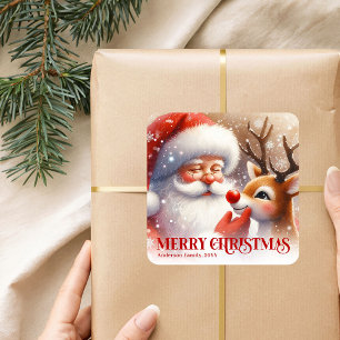 Glad Personlig Tomte och Rudolf Jul Fyrkantigt Klistermärke