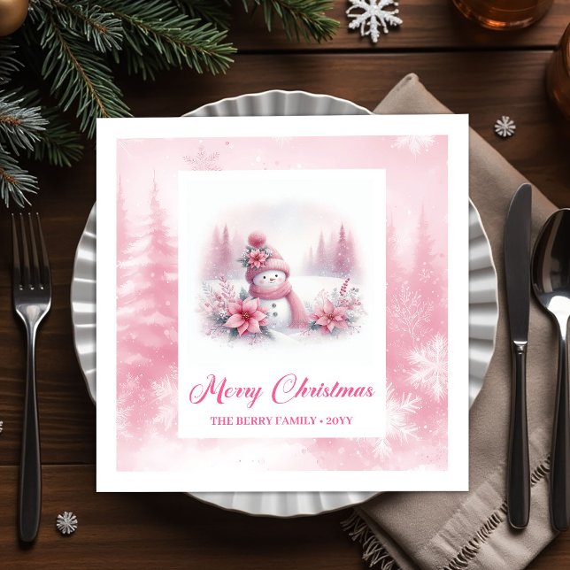 Glad Pink Snömannen Barn Julscen Vinter  Pappersservett (Joyful Pink Snowman Kids Christmas Scene Winter Forest Napkins

)