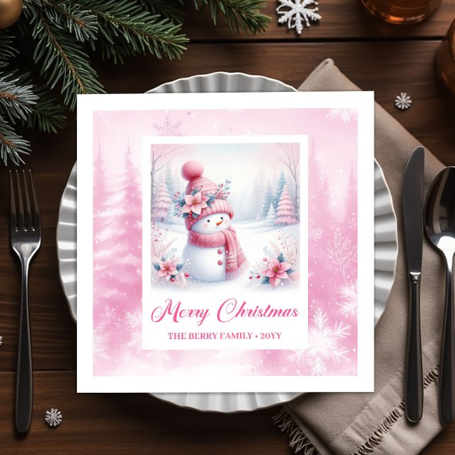 Glad Pink Snömannen Julscen Servetter Barn   (Jolly Pink Snowman Christmas Scene Napkins Kids Holiday)