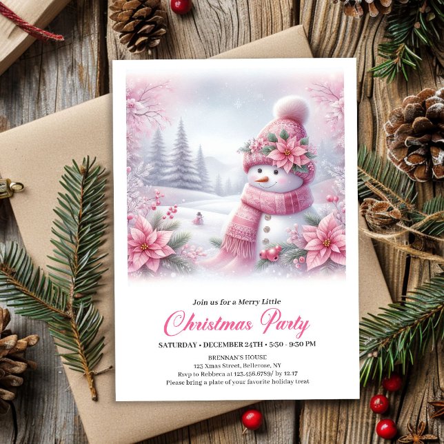 Glad Pink Snömannen Redigerbar Jul Barn Inbjudan  (Merry Pink Snowman Editable Christmas Kids Invite Digital)