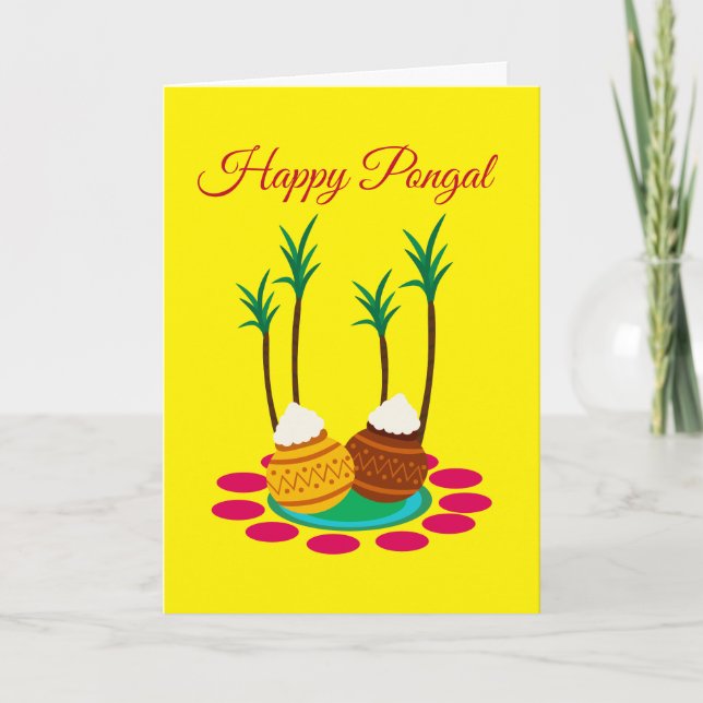 Glad Pongal, med en kruka ris och växter kort (Framsida)