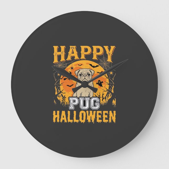 Glad Pug Halloween Kuslig Hund Design_1 Stor Klocka (Framsida)