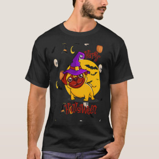Glad Pug Halloween Pumpa Fladdermöss Häxhattar Spö T Shirt