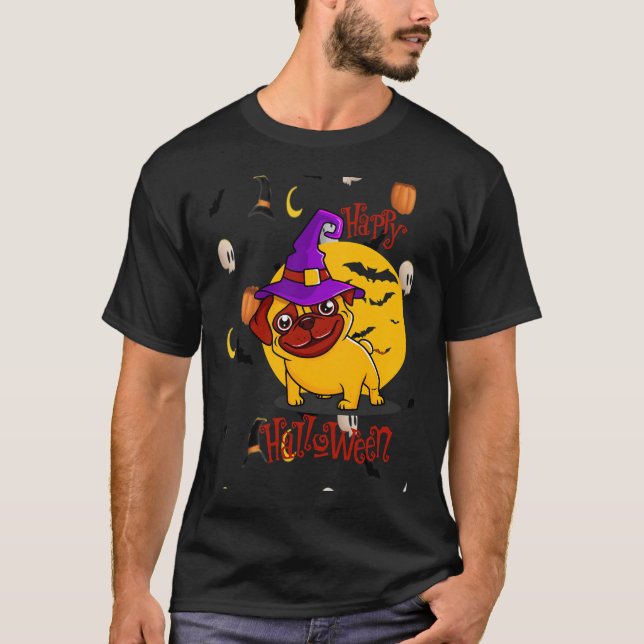 Glad Pug Halloween Pumpa Fladdermöss Häxhattar Spö T Shirt (Framsida)