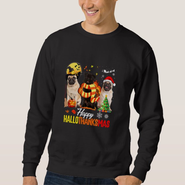 Glad Pug Hund Hallothanksmas Söt Pug Hund Tack Lång Ärmad Tröja (Framsida)