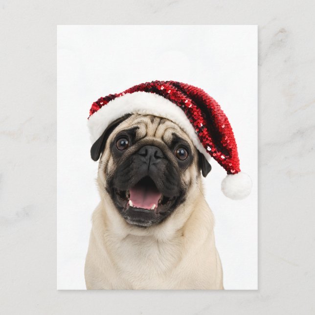 Glad Pug I Röd Glittrig Tomtehatt Jul Helg Vykort (Framsida)