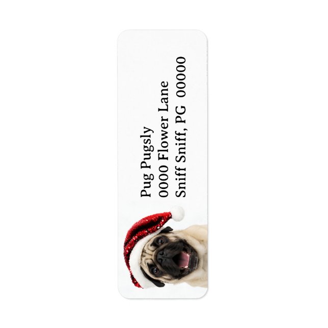 Glad Pug I Röd Glittrig Tomtehatt Jul Returadress Etikett (Framsidan)