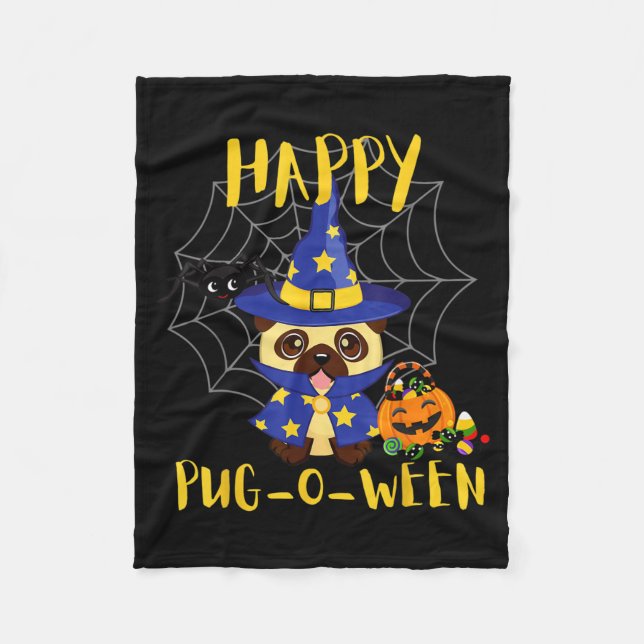 Glad Pug-O-Ween Rolig Hund Pug Halloween Fleecefilt (Framsidan)