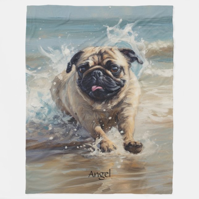 Glad Pug på stranden anpassningsbar Fleecefilt (Framsidan)