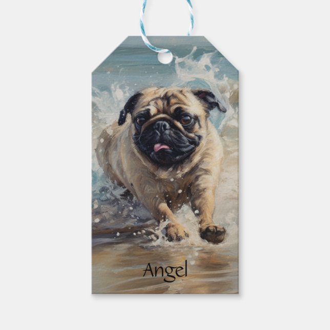 Glad Pug på stranden anpassningsbar Presentetikett (Framsidan)