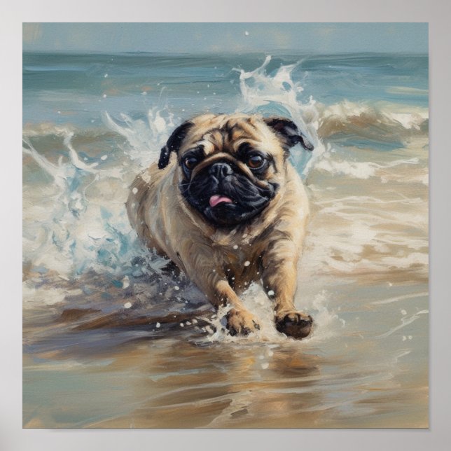 Glad Pug på stranden Poster (Framsidan)