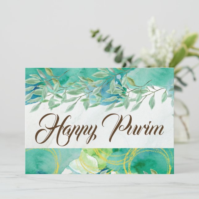 Glad Purim Platt Greetingkort Vattenfärg Grön Kort (Stående Fram)
