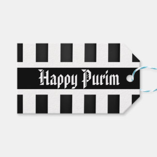 Glad Purim presentetikett randig svart vit
