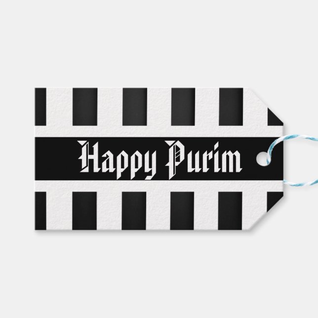 Glad Purim presentetikett randig svart vit (Framsidan (Horisontell))