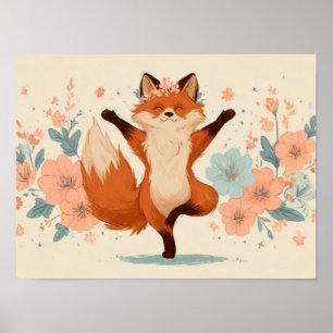 Glad Räv med Blommor – Söt Whimsisk Djurkonst Poster