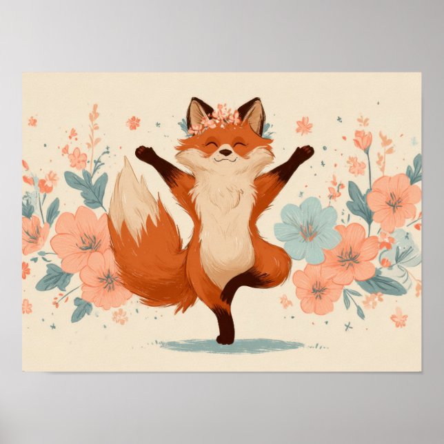 Glad Räv med Blommor – Söt Whimsisk Djurkonst Poster (Framsidan)