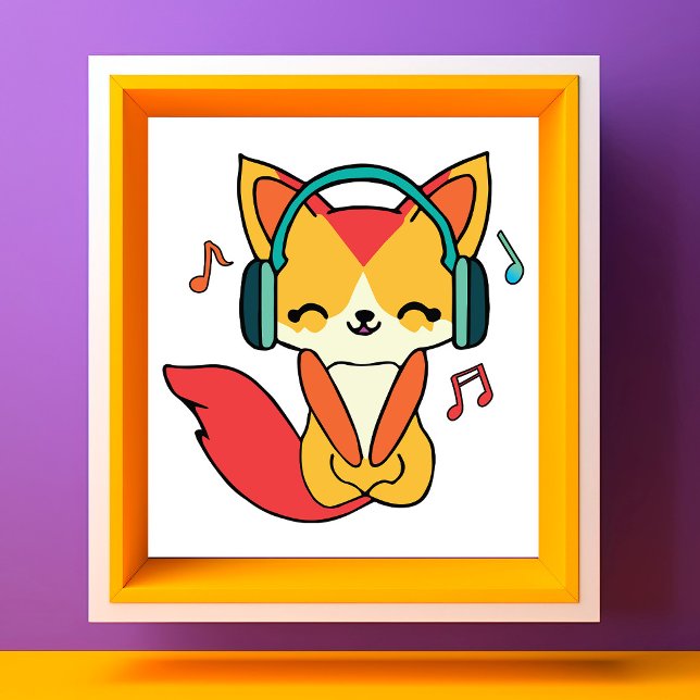 Glad räv med hörlurar som lyssnar på musik. fototryck (Happy fox with headphones listening to music. photo print)