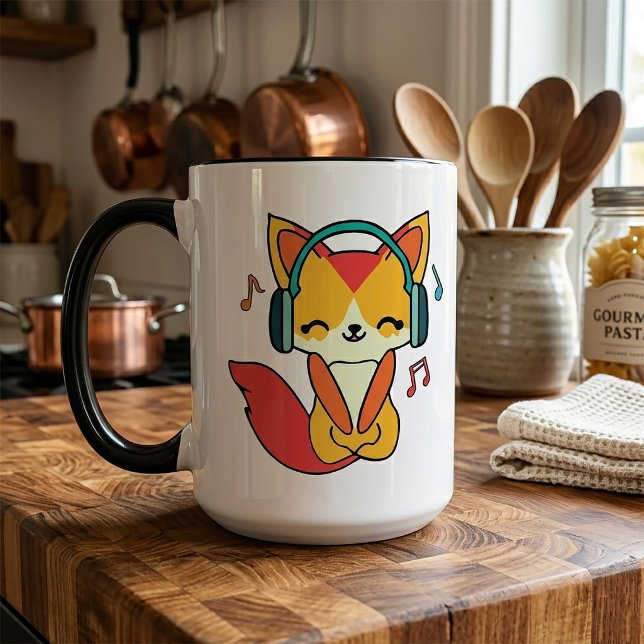 Glad räv med hörlurar som lyssnar på musik. mugg (Happy fox with headphones listening to music. mug)