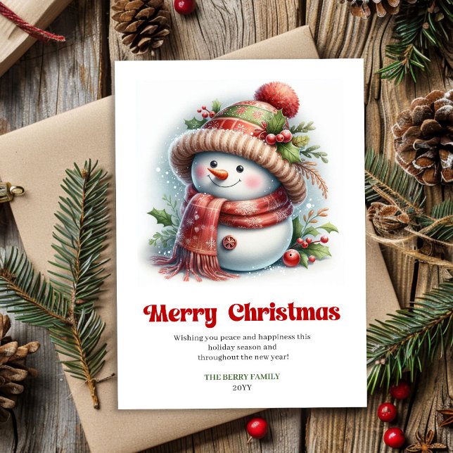 Glad redigerbar rolig snöman röd grön guld kort (Happy editable funny snowman red green gold card)