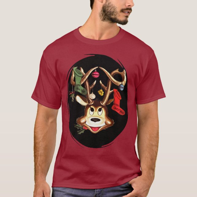 Glad ren dekorerad med julstrumpa t shirt (Framsida)