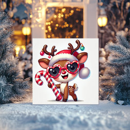 Glad ren med sockerrör och juldekorationer julkort