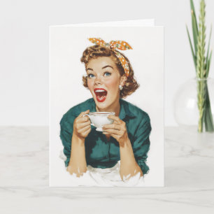 Glad Retro Kvinna som njuter av kaffe Kort