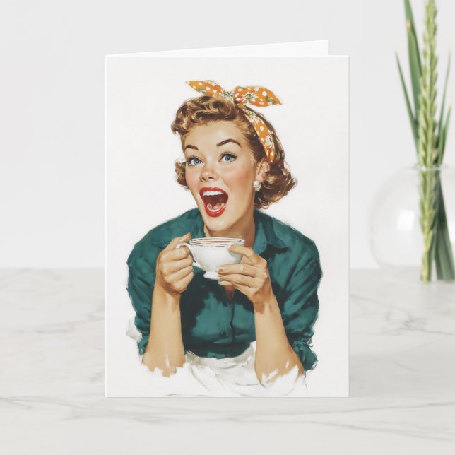 Glad Retro Kvinna som njuter av kaffe Kort (Framsida)