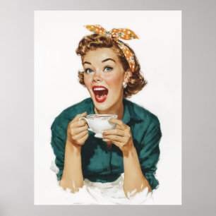 Glad Retro Kvinna som njuter av kaffe Poster