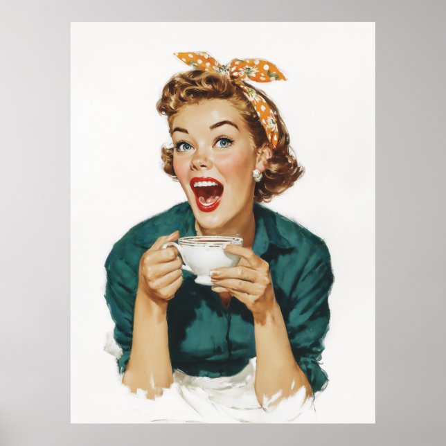 Glad Retro Kvinna som njuter av kaffe Poster (Framsidan)