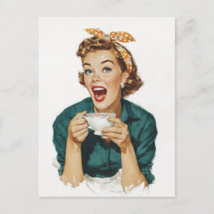 Glad Retro Kvinna som njuter av kaffe Vykort