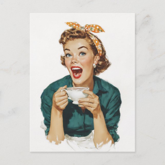 Glad Retro Kvinna som njuter av kaffe Vykort (Framsida)