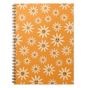 Glad Retro Vita Blommor på Orange Anteckningsbok