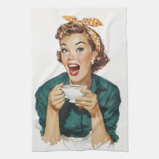 Glad retrodam sitter och njuter av kaffe kökshandduk (Vertikal)
