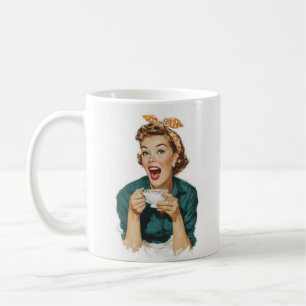Glad retrodam som njuter av kaffe kaffemugg