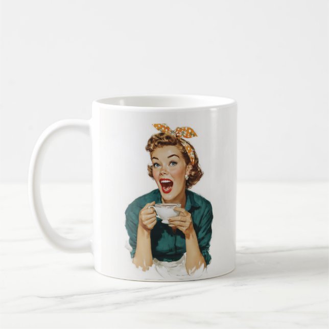 Glad retrodam som njuter av kaffe kaffemugg (Vänster)