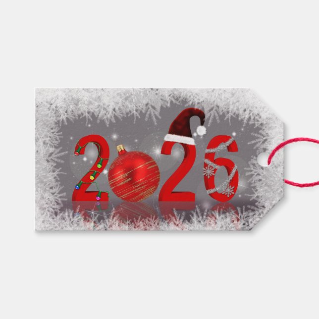 Glad röd God Jul 2026 Nyår Presentetikett (Framsidan (Horisontell))