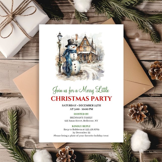Glad röd grön vinterscen festinbjudan inbjudningar (Cheerful red green winter scene party invite)