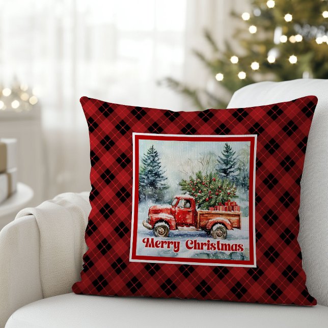Glad röd lastbil jul scen rustik djärv  kudde (Cheerful red truck Christmas scene rustic bold pillow joy

)