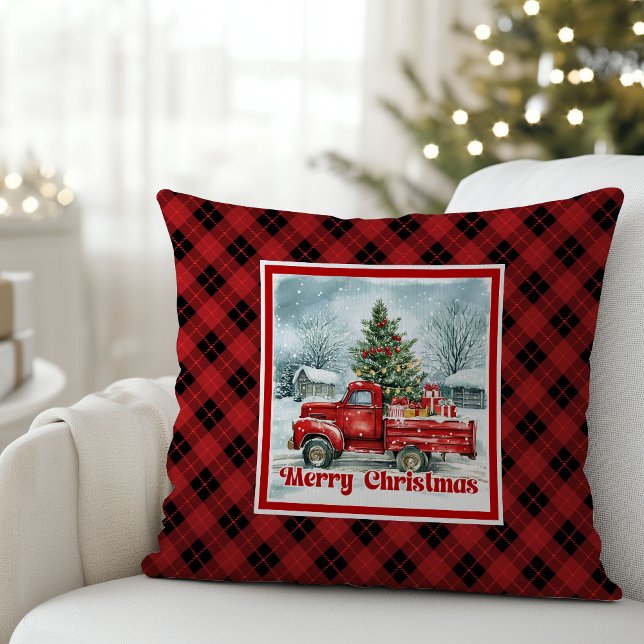Glad röd lastbil julig scen rustik festlig  kudde (Joyful red truck Christmas scene rustic festive pillow art

)