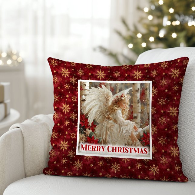 Glad röd och guld ängel viktoriansk presentkudde kudde (Merry Red and Gold Angel Victorian Gift Pillow)